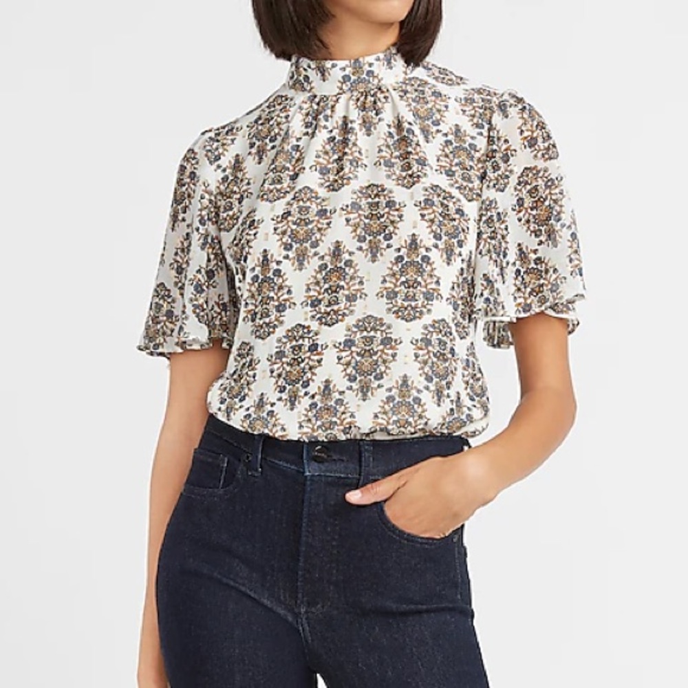 Express Metallic Paisley Flutter Sleeve Top